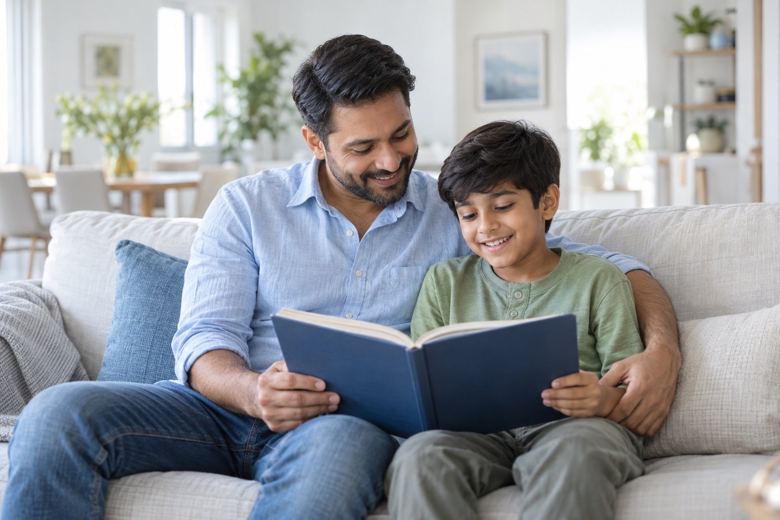 Illustrative image of a father and son enjoying a book together at home
