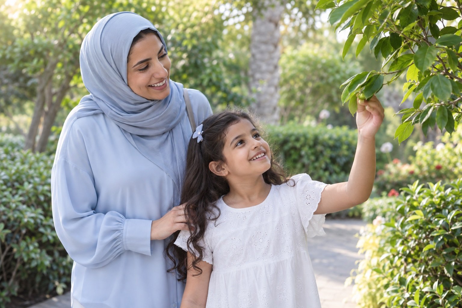 Illustrative image of a mother and daughter exploring a leafy garden together