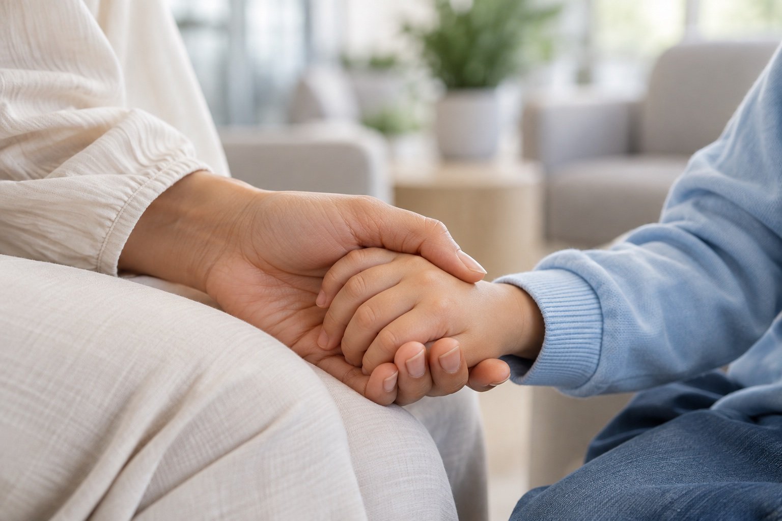 Illustrative close-up of a parent gently holding a child's hand